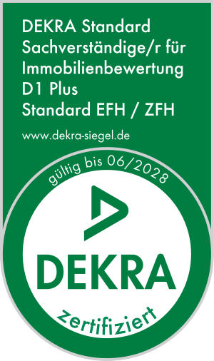 DEKRA-Zertifizierungssiegel Sachverständiger Immobilienbewertung D1Plus, gültig bis 06/2028